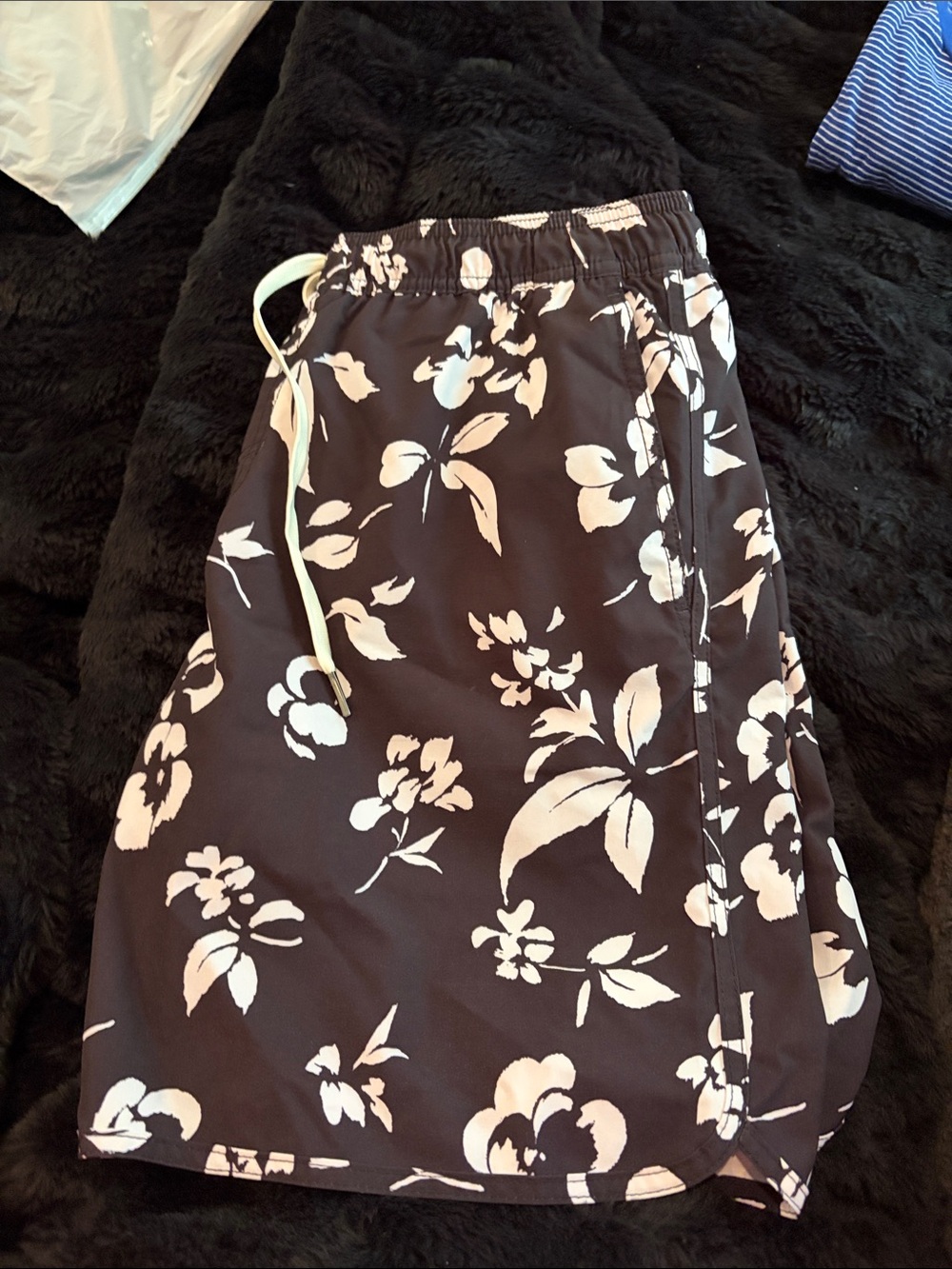 Fair Harbor Black Swim Trunks with White Floral Print